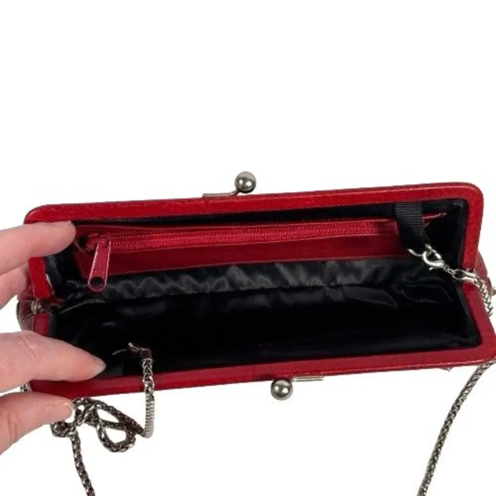 Brighton Red Pebbled & Croc Leather Crossbody Evening Bag Clutch Chain Strap - Picture 7 of 16